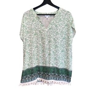 J.Jill Floral Tassel‎ Hem Top Green White V-Neck Petite Size S Boho Lightweight
